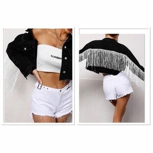 ♥️ Hello Gorgeous! Fringe Button Up Cropped Denim Jacket - Black
